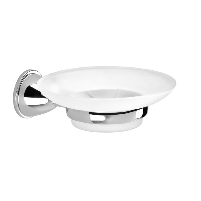 Mydelnička Gemma z jemného saténového skla s oceľovým kovaním a upevnením na stenu