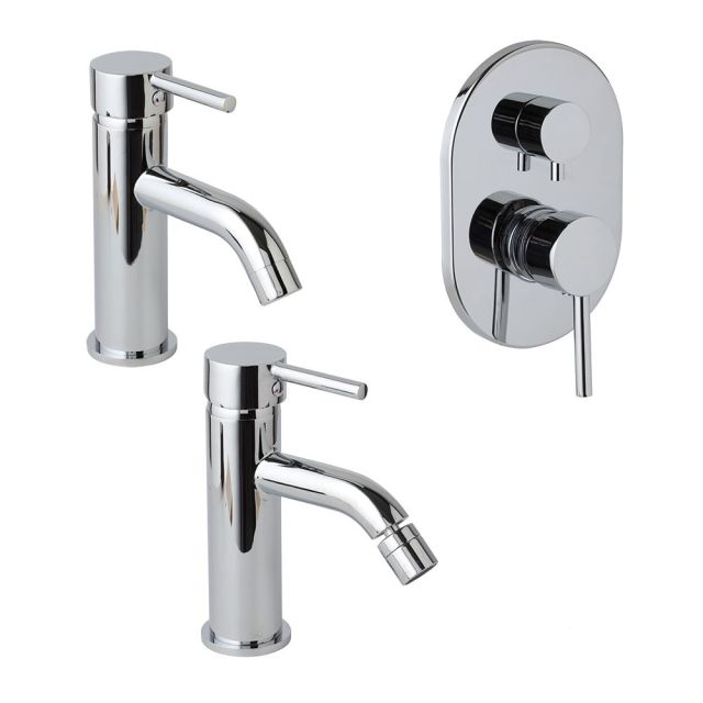 Sada kohoutků pro koupelnu: umyvadlo, bidet a zabudovaný sprchový systém s odbočovačem