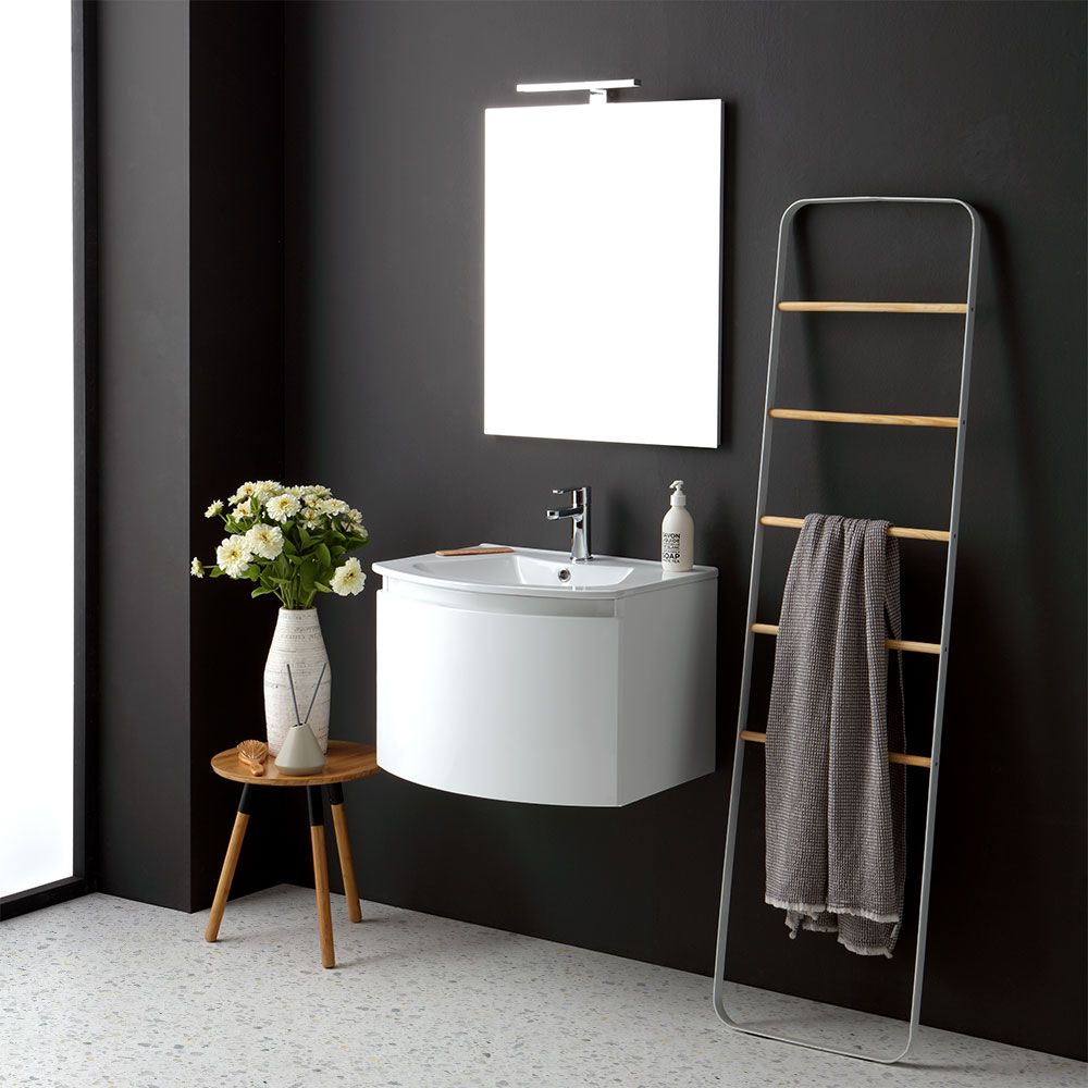 mobile bagno sospeso arrotondato bianco specchio rettangolare