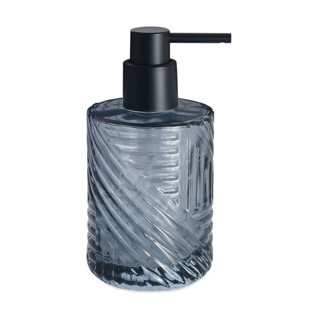 modrý sklenený dávkovač mydla