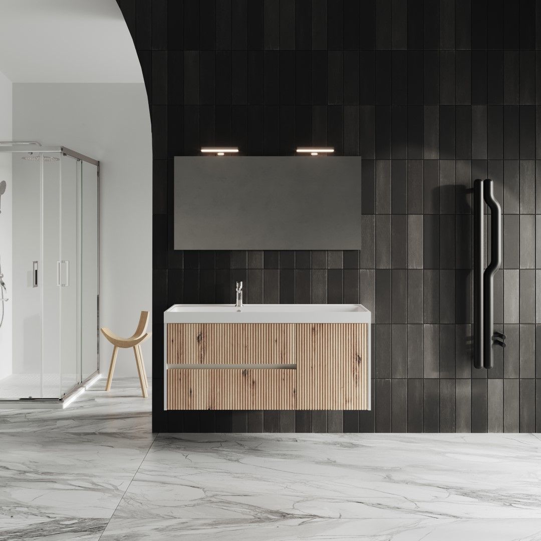 Závesná kúpeľňová skrinka 120 cm biela so zlatým dubovým čelom