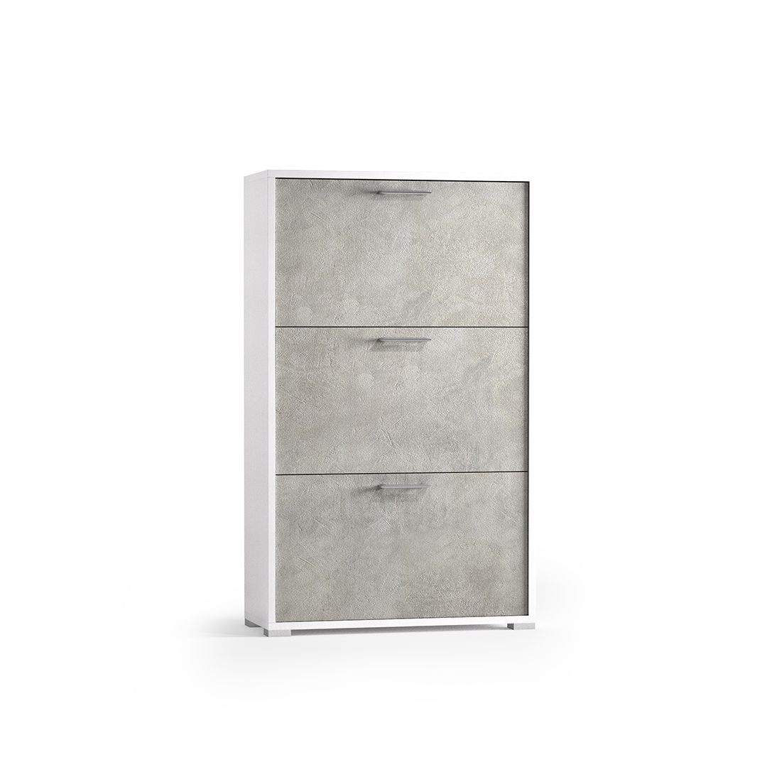 Biela skrinka na topánky s 3 betónovými sivými dvierkami